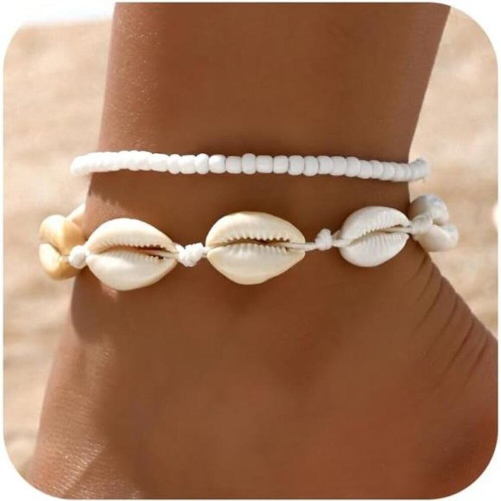 Bead Ankle Bracelets Set For Women, Adjustable Gold Boho Shell Anklet, Hawaiian